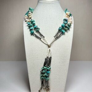 Vintage Turquoise Heishi Shell silver Beaded Necklace Native Southwestern Design